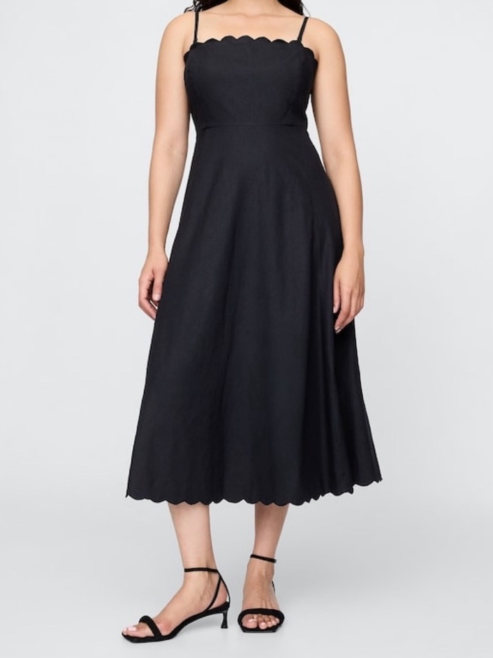 NWT! Gap Black Linen-Blend Scalloped Midi Dress - XXS 🍓2️⃣